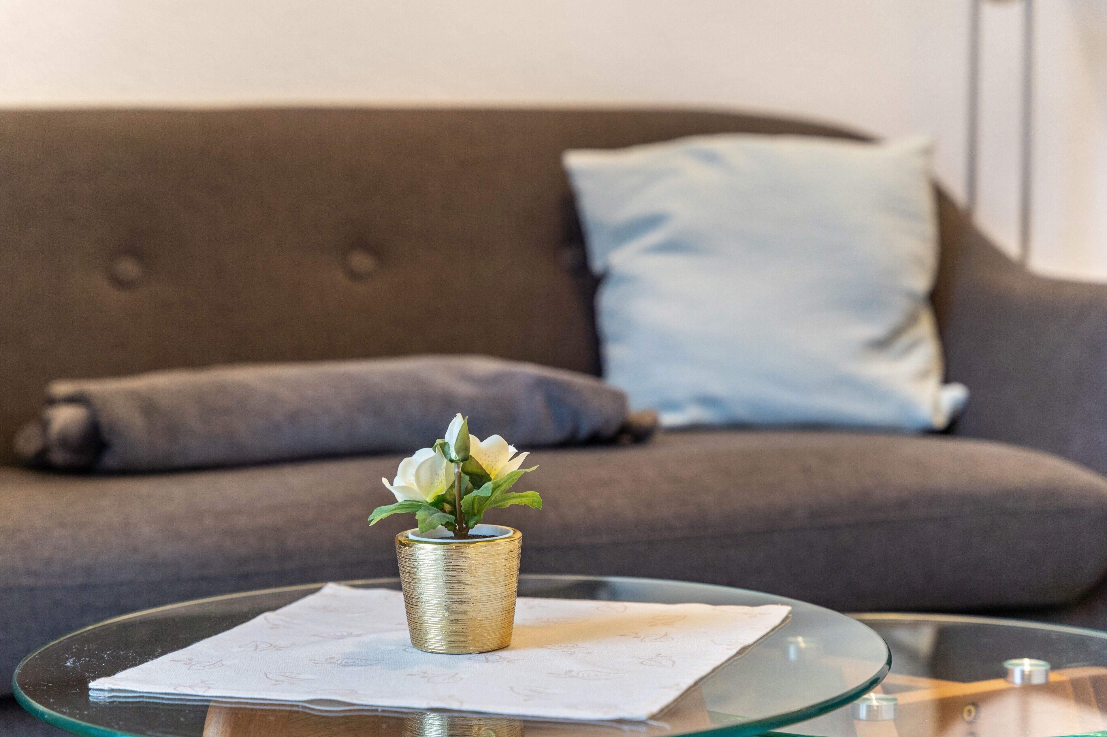 A living room with a sofa, a glass coffee table, and a vase with flowers.