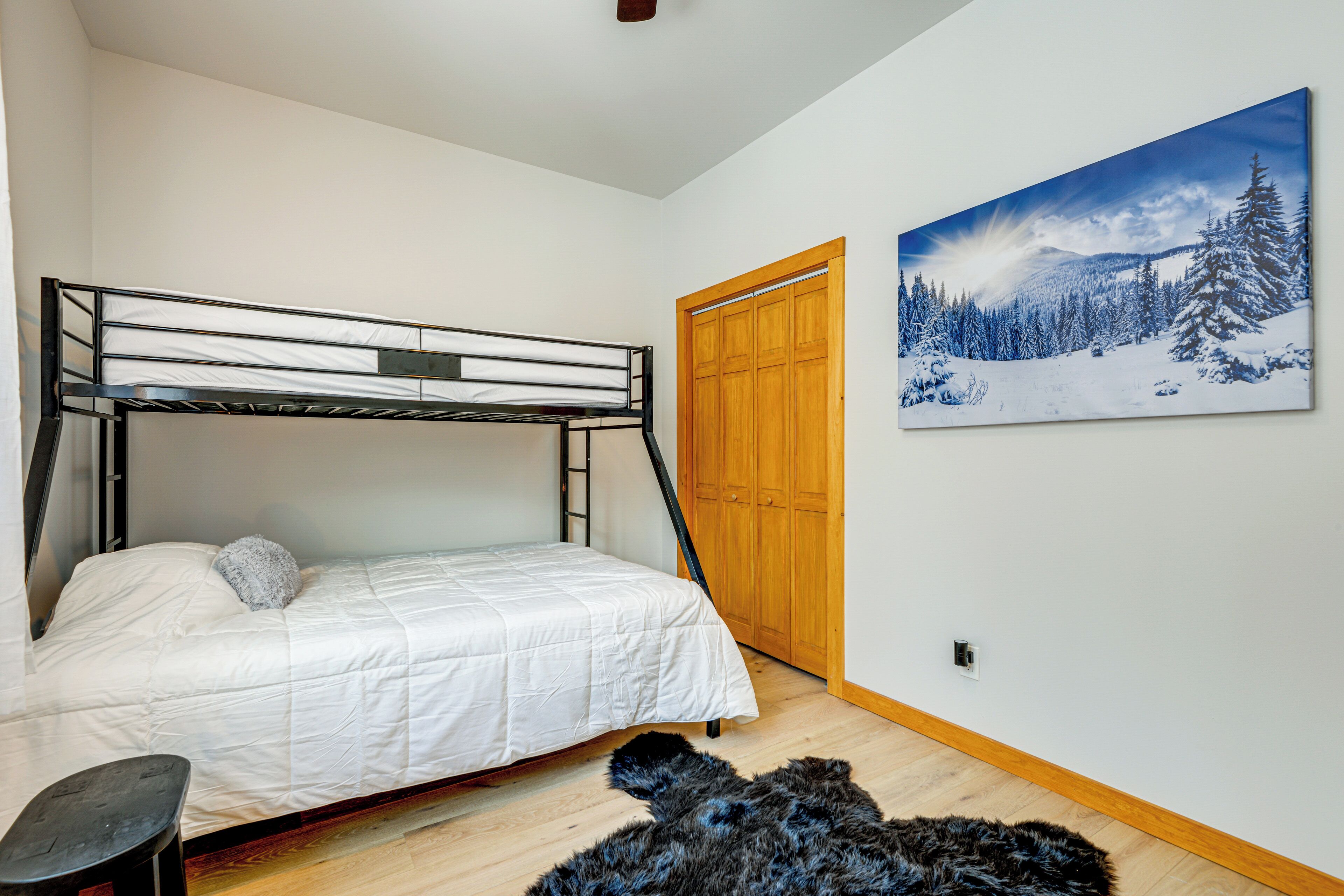 Un dormitorio con una cama litera, una puerta de madera, una pared blanca y un cuadro enmarcado de un paisaje nevado.