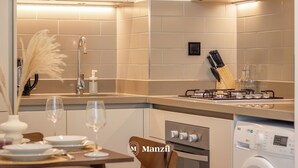 Une cuisine moderne équipée d’une cuisinière à gaz, d’un four et d’un lave-linge encastré.