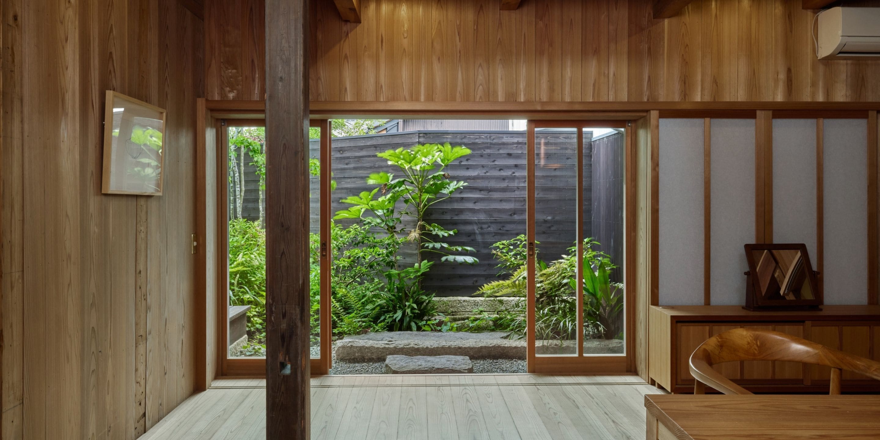 A traditional Japanese interior with sliding doors leading to a garden.