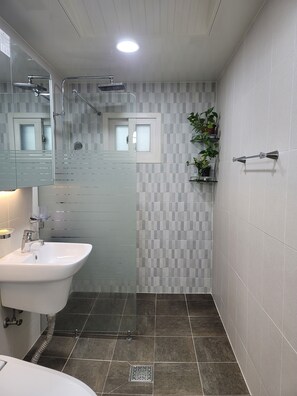 Hair dryer, bidet, towels, soap
