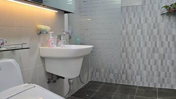Hair dryer, bidet, towels, soap