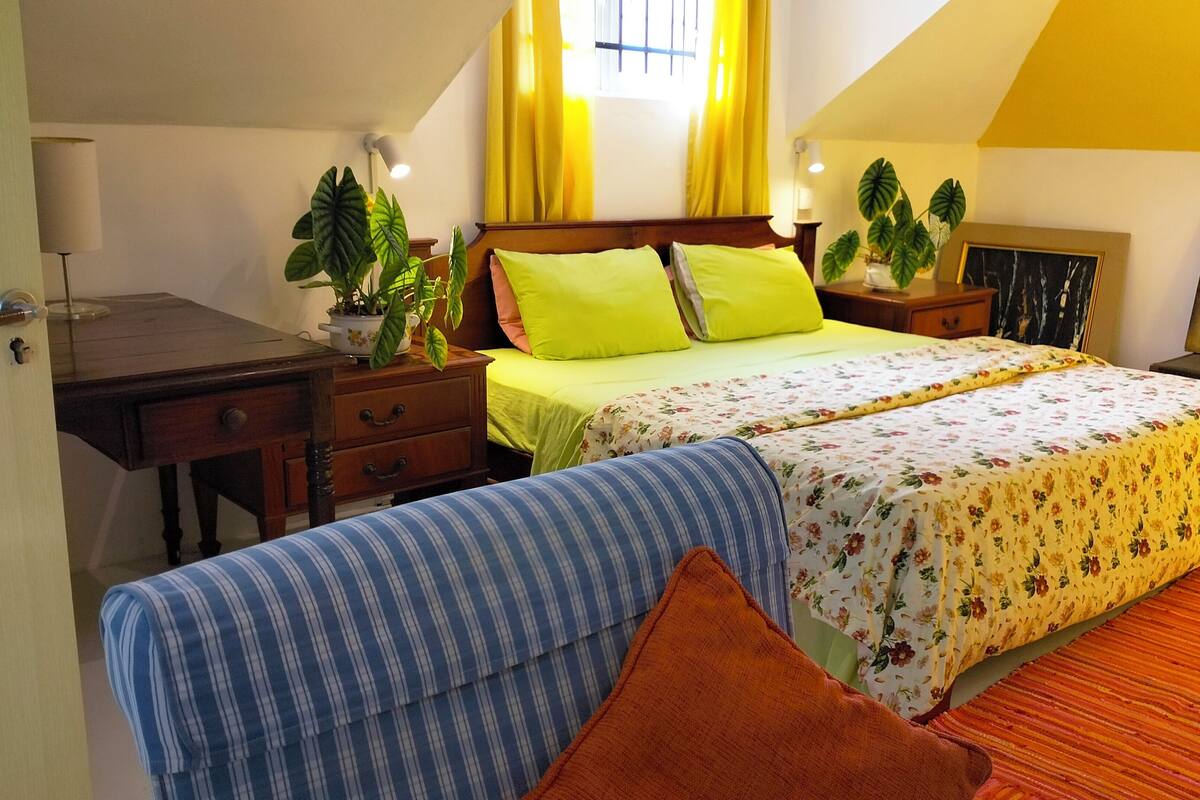 Une chambre à coucher avec un lit, un bureau et deux plantes en pot.