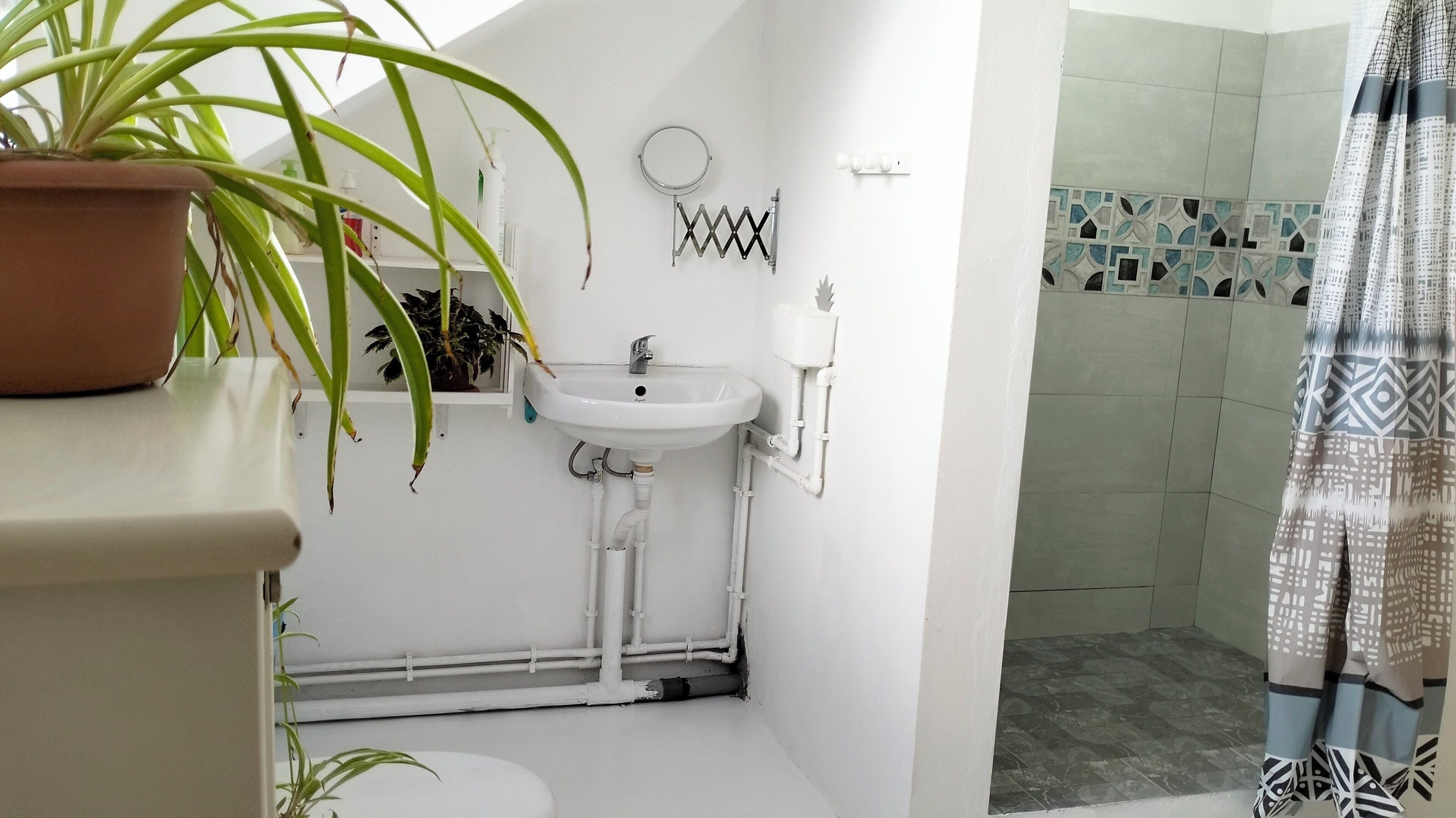 A small bathroom with a white sink, a mirror, and a shower with patterned tiles.