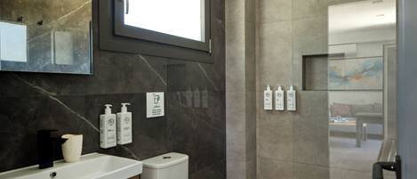 Une salle de bain moderne avec un grand miroir, un lavabo, des toilettes et un espace douche.