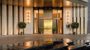 Een moderne hotelingang met natte grond, grote glazen deuren en twee potplanten.