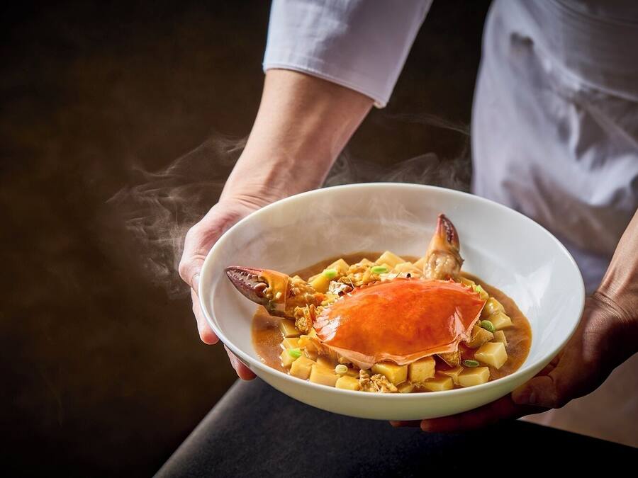 Uma pessoa segurando uma tigela de sopa de caranguejo com um caranguejo fumegante por cima.