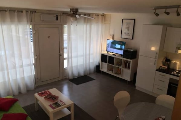TV, DVD player, livros