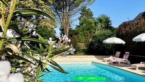 A swimming pool with lounge chairs and umbrellas, surrounded by greenery and trees.