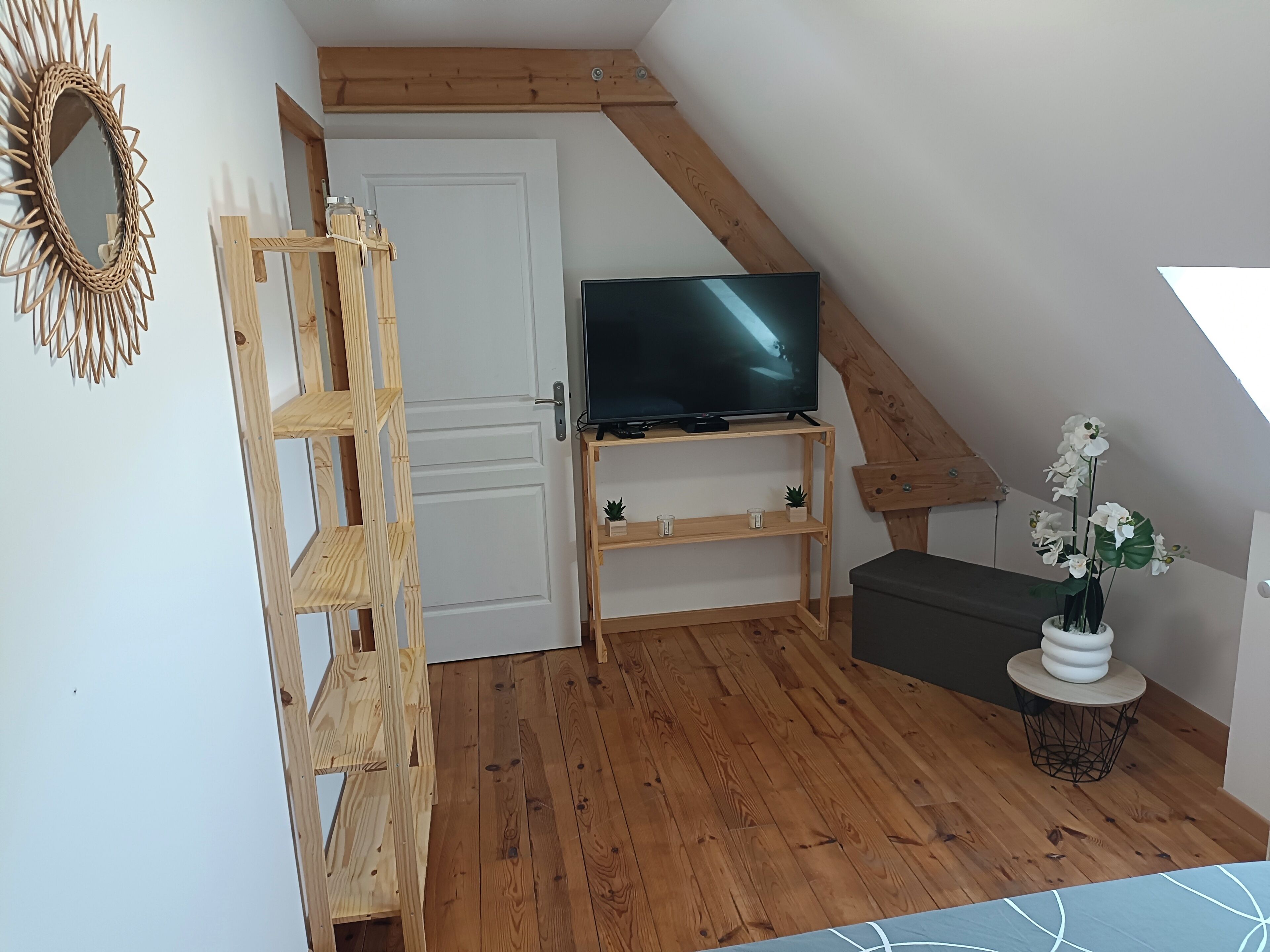 Une pièce avec une échelle en bois, un téléviseur posé sur un meuble en bois, une porte blanche et un pot d’orchidée.