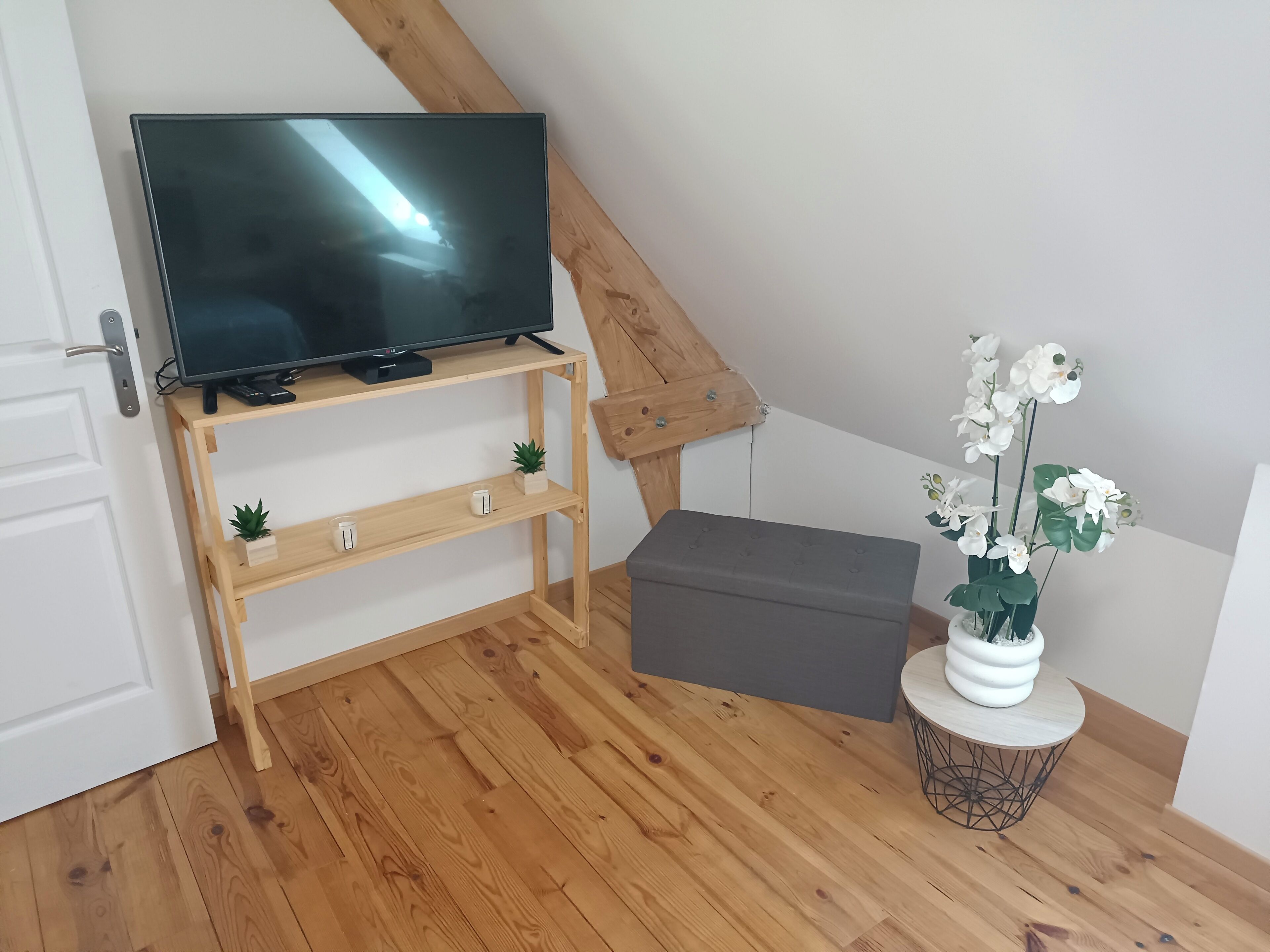 Een kamer met een houten tv-standaard, een grijze opbergkist en een witte orchidee vaas op de vloer.