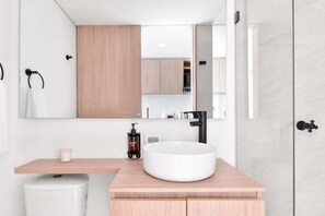 Shower, hair dryer, towels