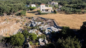 A rural landscape with a stone house surrounded by olive trees and a dry field. - Sarpedon & Rhadamanthus By Forest Villas (Rethymno)