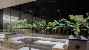 Un área de estar interior moderna con una mesa de vidrio y bancos acolchados, rodeada de plantas en macetas.