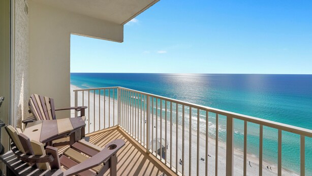 A balcony with a view of the ocean and beach. - Sea and Ski: 1BR+ Bunk/2BA, Direct Gulf Views! Shores of Panama (Panama City Beach)