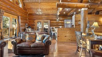 Smart TV, fireplace, foosball, books