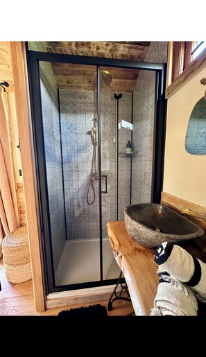 Shower, towels, soap, toilet paper