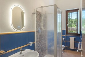 Shower, hair dryer, bidet, towels