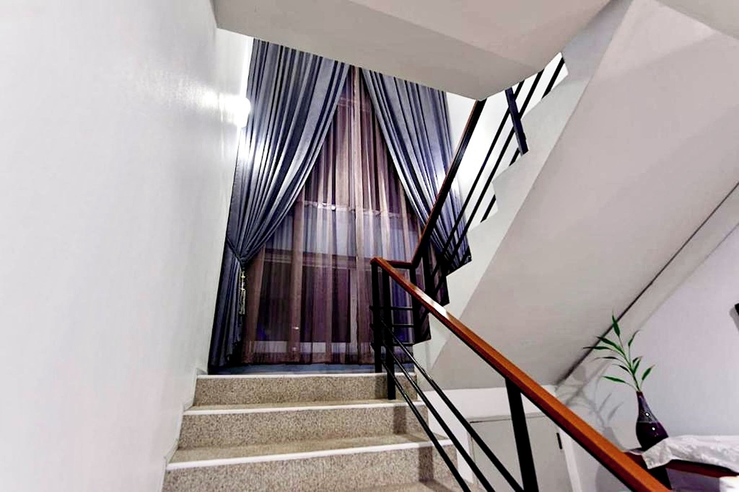 A staircase with a wooden handrail, a black metal railing, and a potted plant on the landing.