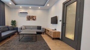 Una sala de estar moderna con un sofá, una mesa de centro, un televisor y una planta.