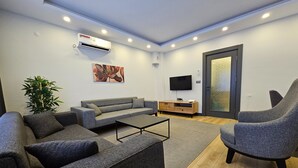 A modern living room with a grey sofa, a coffee table, and a grey armchair. There is a flat-screen TV on a wooden stand, a potted plant, and an air conditioning unit on the wall.