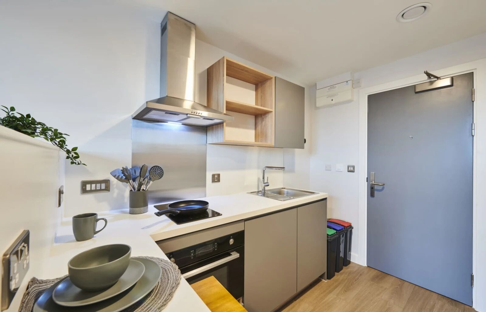 A modern kitchen with a built-in stove, sink, and overhead ventilation hood.