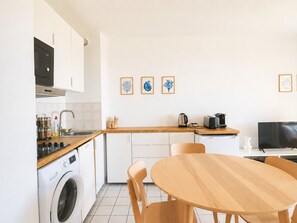 Fridge, microwave, dishwasher