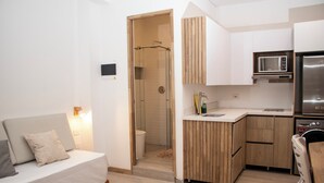 A compact hotel room with a bed, a shower, a kitchenette, and a small bathroom. - zenia (Medellín)
