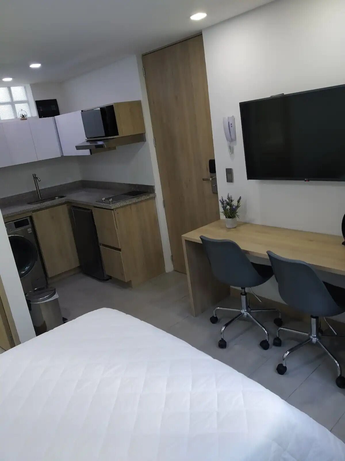 Ein kompaktes Hotelzimmer mit einem Bett, einem Schreibtisch mit zwei Stühlen, einem Fernseher, einem kleinen Topfpflanzen und einer Küchenzeile mit Spüle und Waschmaschine.