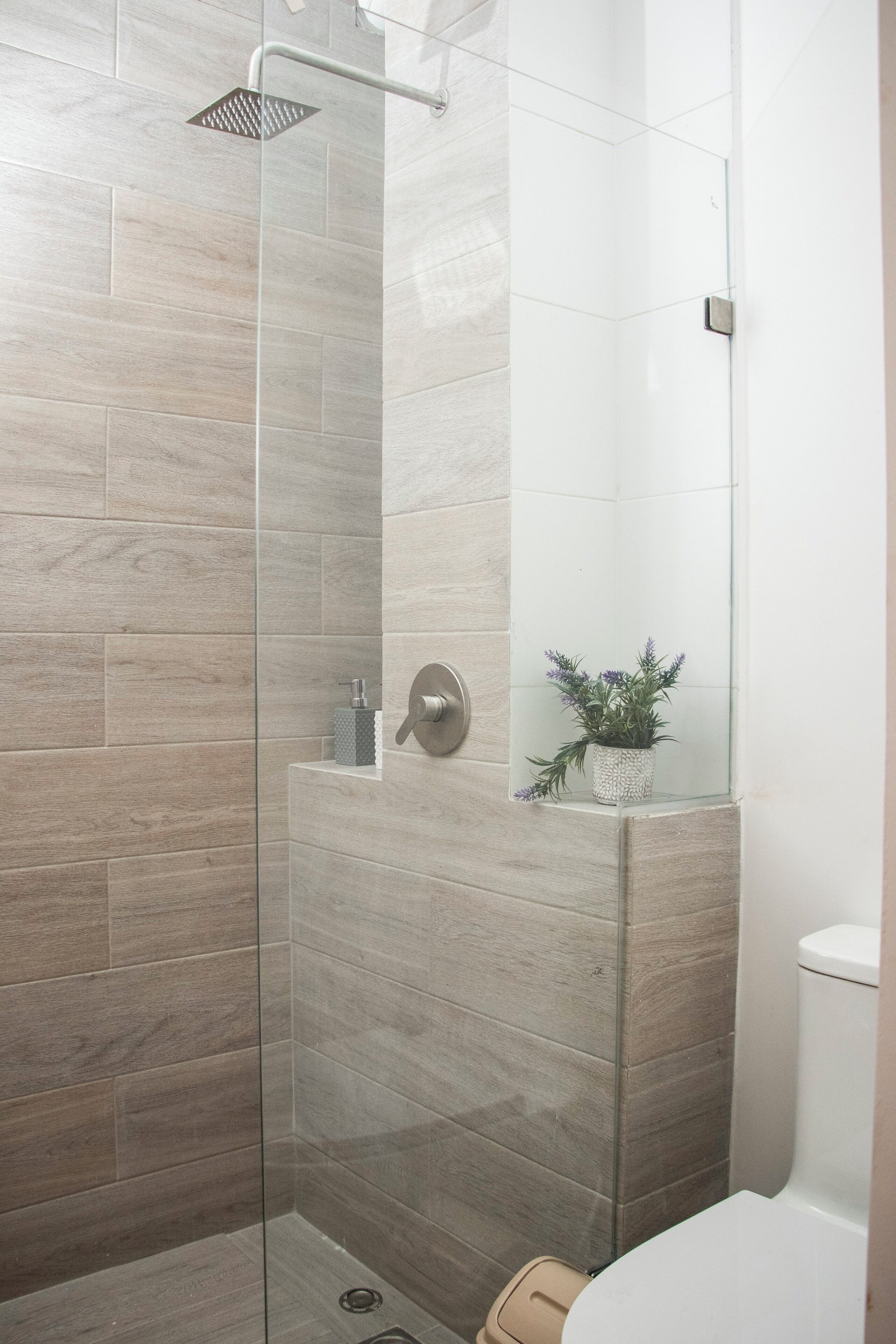 A modern bathroom with a glass-enclosed shower, beige tiles, a small potted plant, and a toilet.