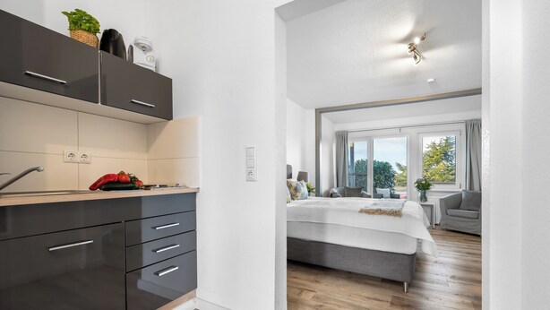 A modern kitchen with dark cabinets and a wooden countertop, a bedroom with a large bed and a view of the outdoors, and a bathroom with a white wall and a ceiling light fixture. - Apartment 23 - 1-room apartment, TV, shower, terrace (Kappeln)