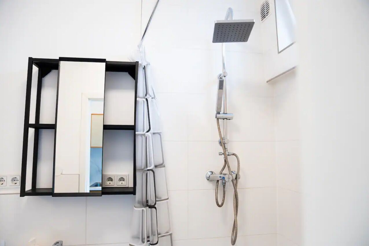 Shower, towels, soap, toilet paper