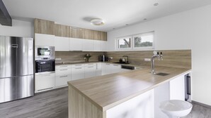 A modern kitchen with stainless steel appliances, white cabinetry, and a wooden countertop. - Prosence Kpa250 in Prosecn (Prosečné)