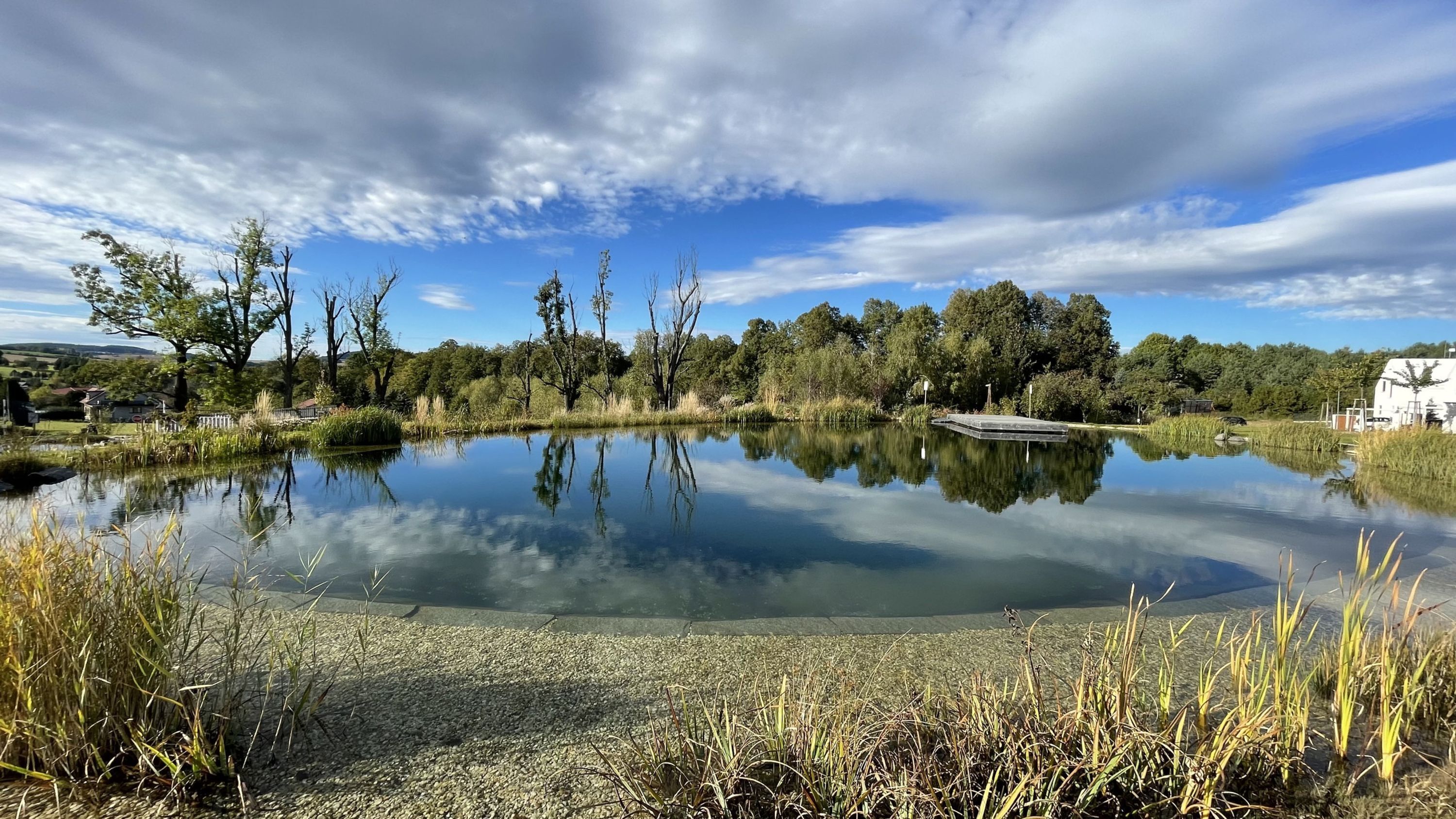 Un lago sereno con reflejos cristalinos, rodeado de árboles y un pequeño muelle.