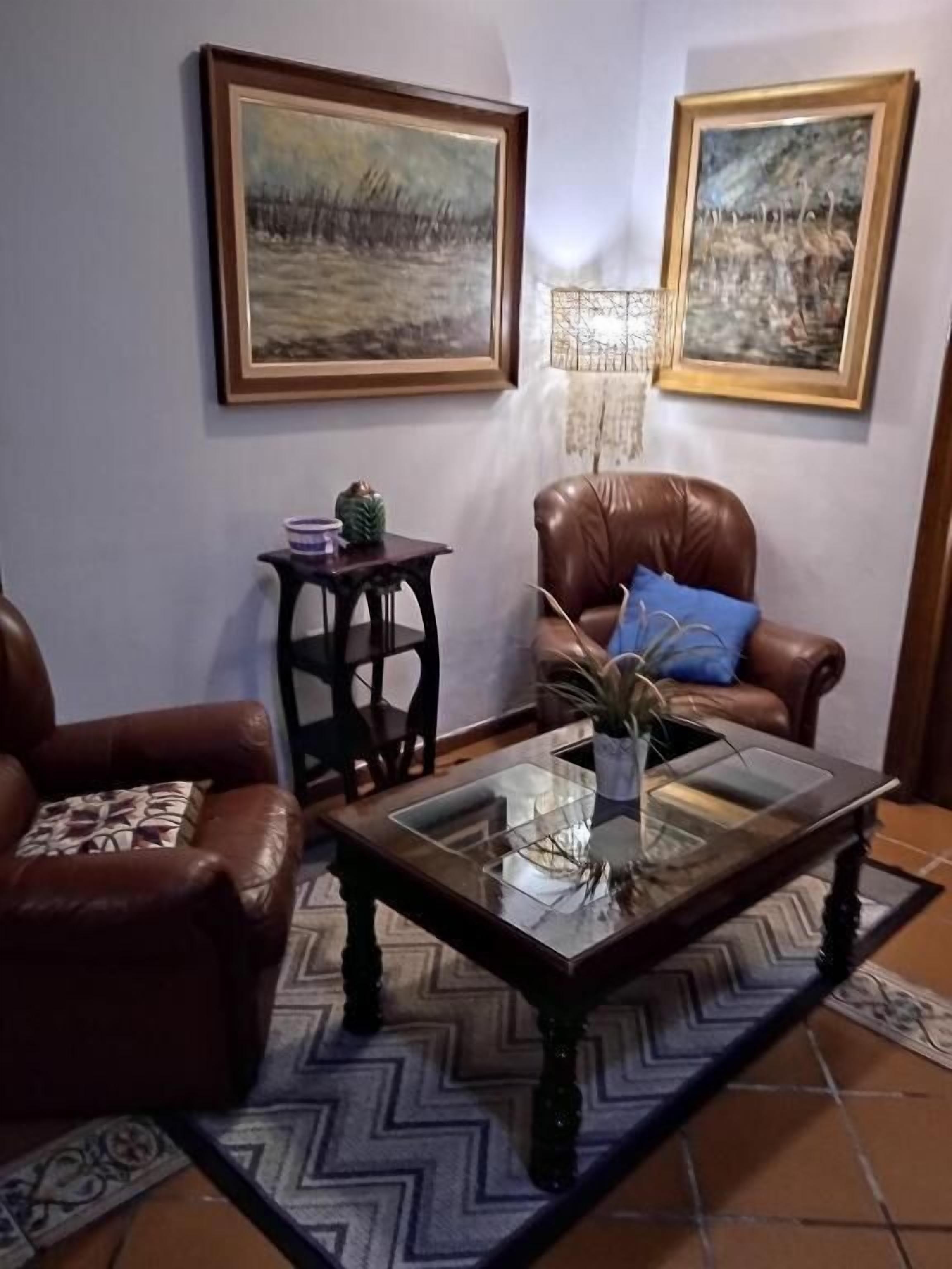 A living room with two leather armchairs, a glass coffee table with a plant, and two paintings on the wall.