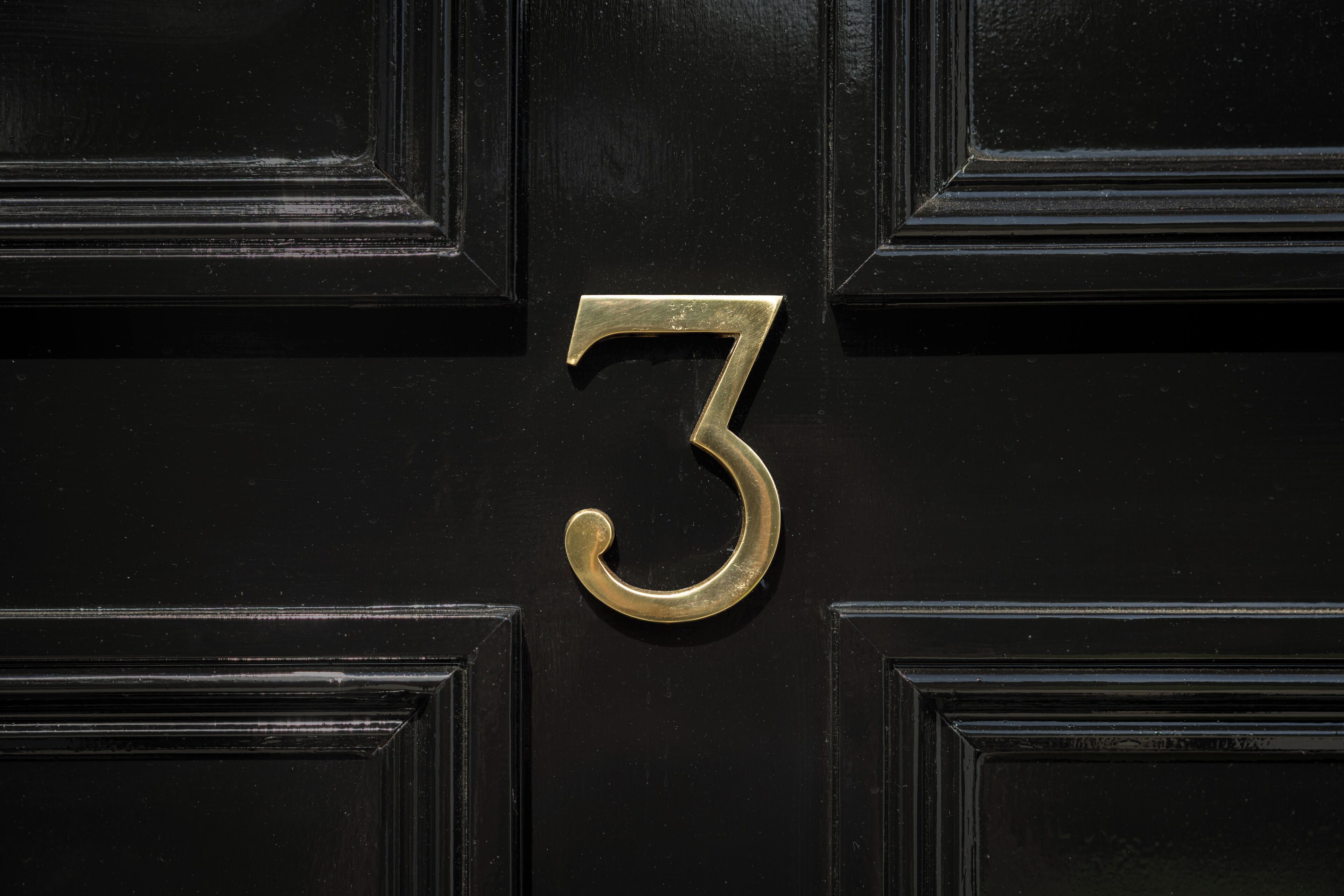 A black door with a brass number "3" in the center.