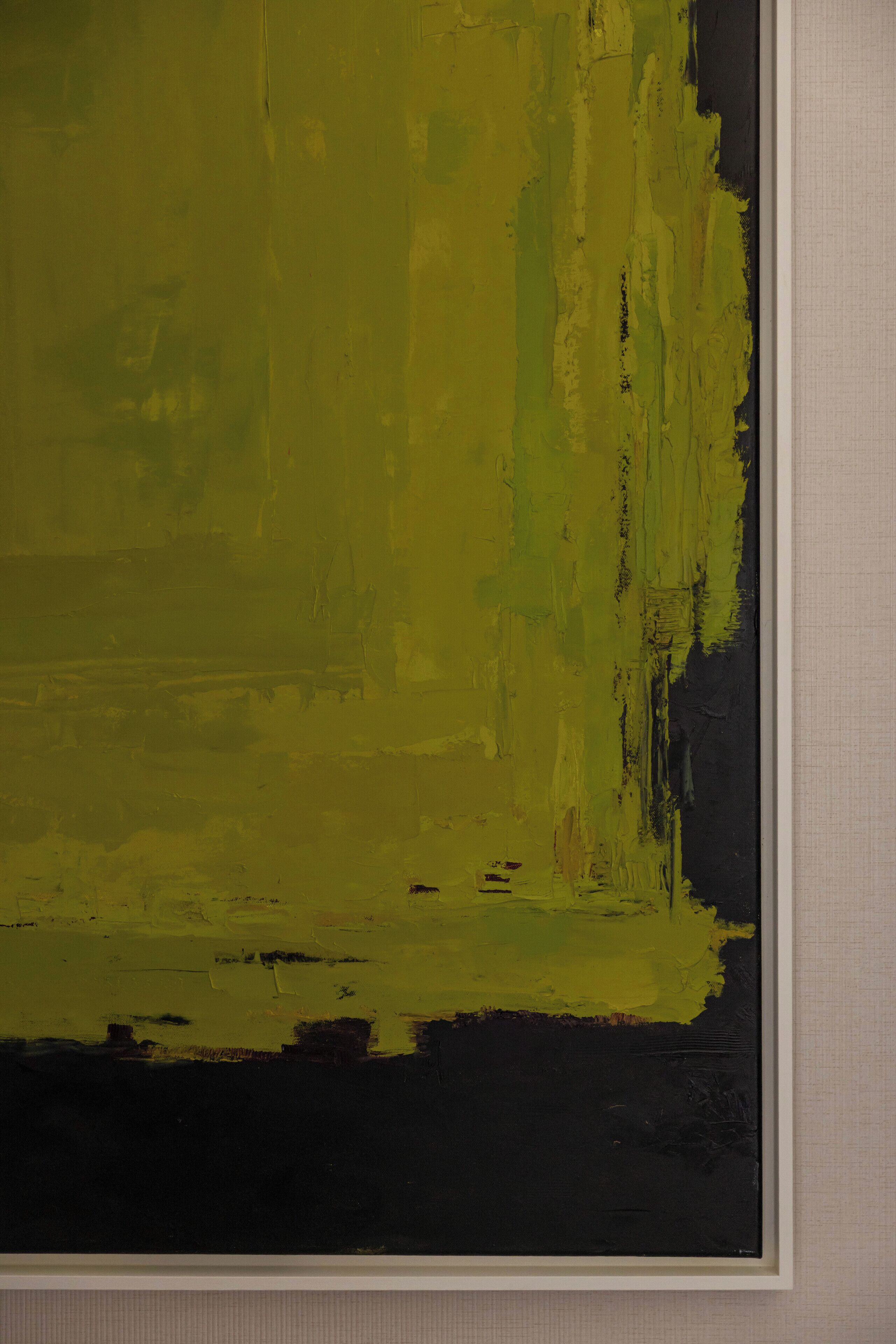 A painting with abstract green and black colors.