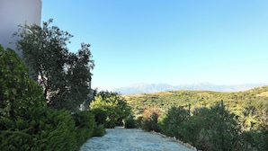 Ein steiniger Weg führt zu einer Berglandschaft mit blauem Himmel.