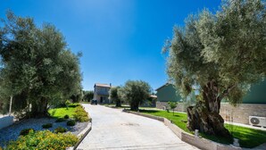 Ein gepflasterter Weg führt zu einem steinernen Gebäude mit Ziegeldach, umgeben von Olivenbäumen und einem gepflegten Garten mit Blumen.