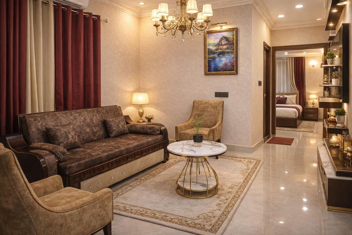 Un salón lujoso con un sofá marrón oscuro, una mesa de centro redonda y un sillón beige. Un candelabro cuelga del techo, y hay un cuadro en la pared.
