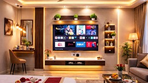 A modern living room with a large flat-screen TV, a sofa, a coffee table, and a dining area. - Pavitram Hotel & Banquet (Ranchi)