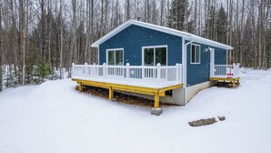 A blue cabin with a white porch and a small deck, surrounded by a snowy forest. - 3 Mi to Lake Huron: Secluded Home in Rogers City (Rogers City)
