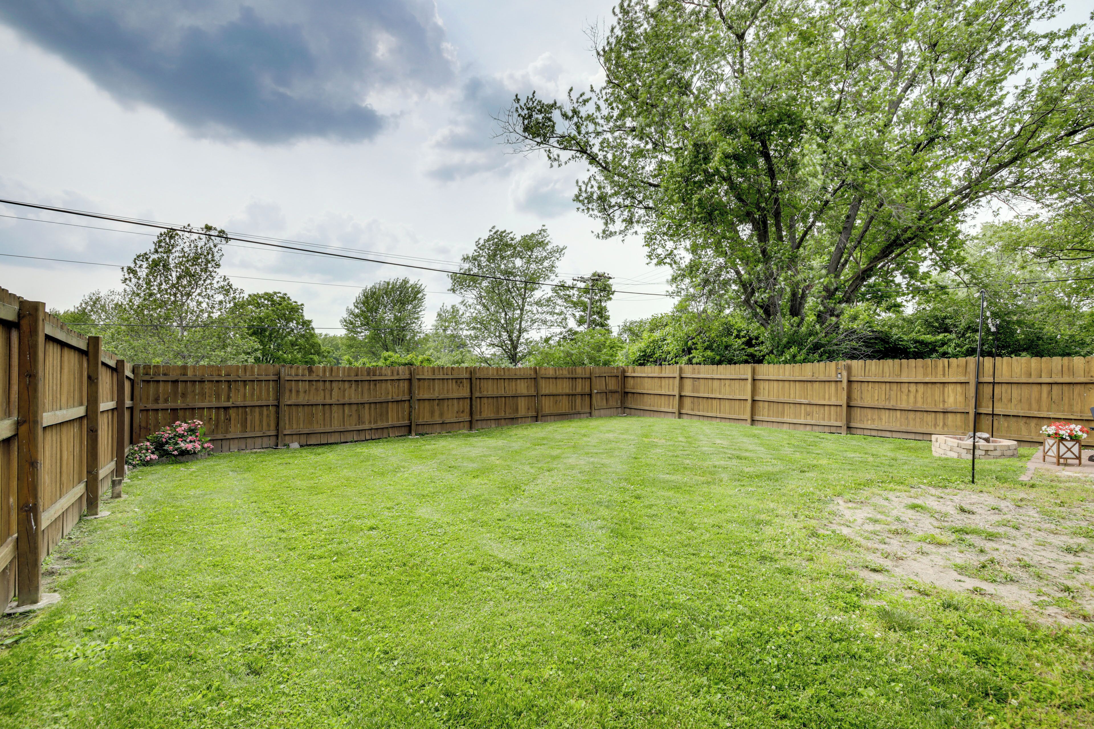 A backyard with a wooden fence, a lawn, and a large tree.