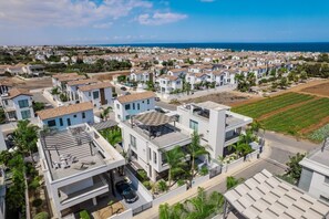 A residential area with modern houses, a road, and a view of the sea.