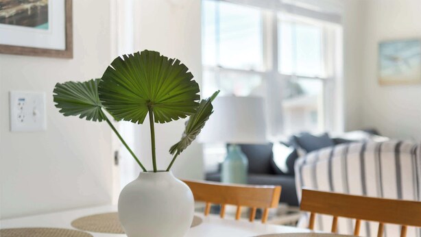 A white vase with a plant on a table with a woven placemat.