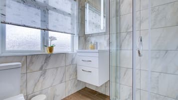Shower, hair dryer, towels