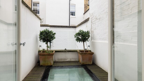 A narrow courtyard with a small pool, white walls, and two potted plants. - The Chelsea Abode - 4bdr Home With Terrace (London)