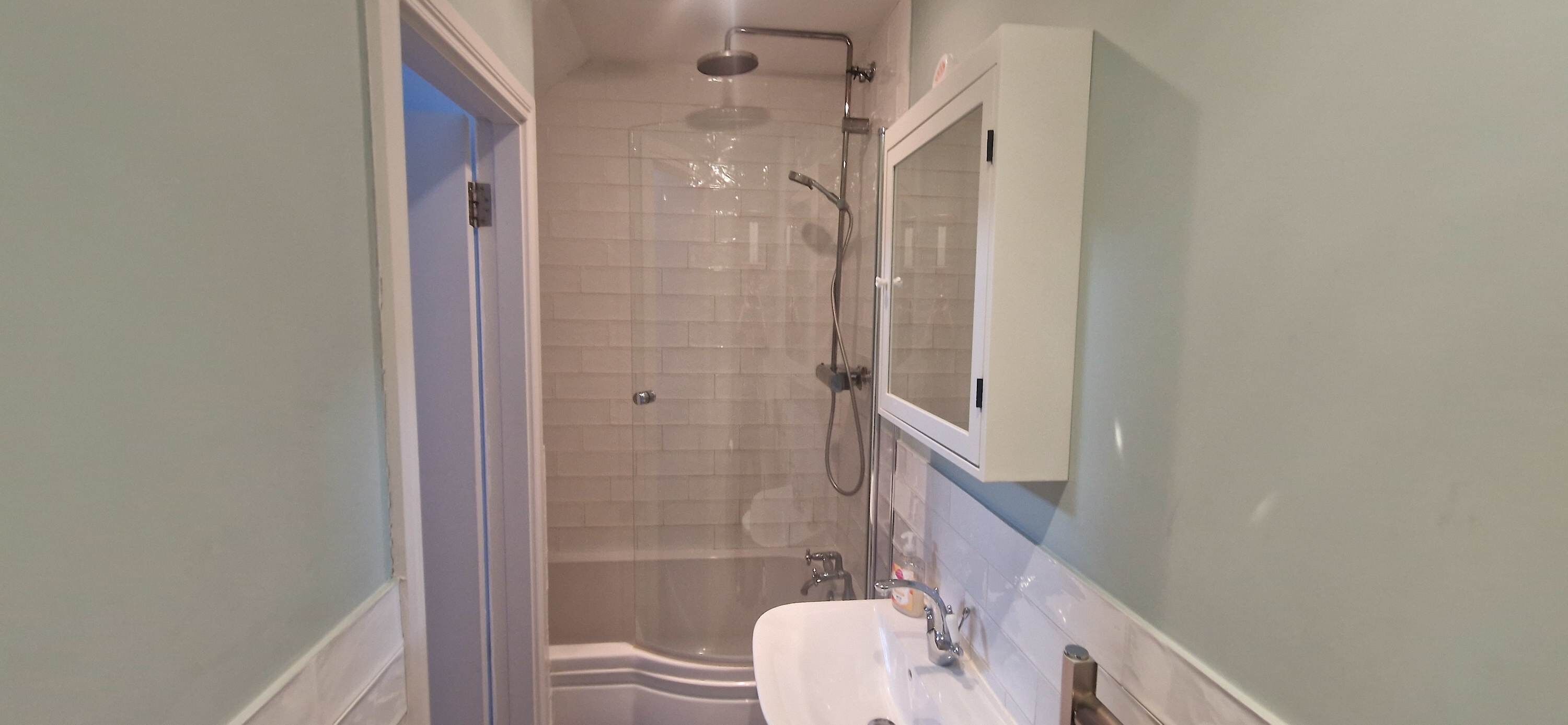 Shower, hair dryer, shampoo