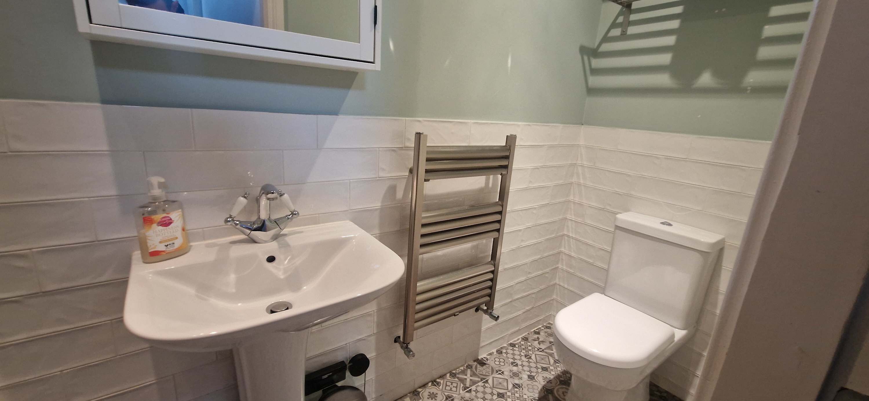 Shower, hair dryer, shampoo