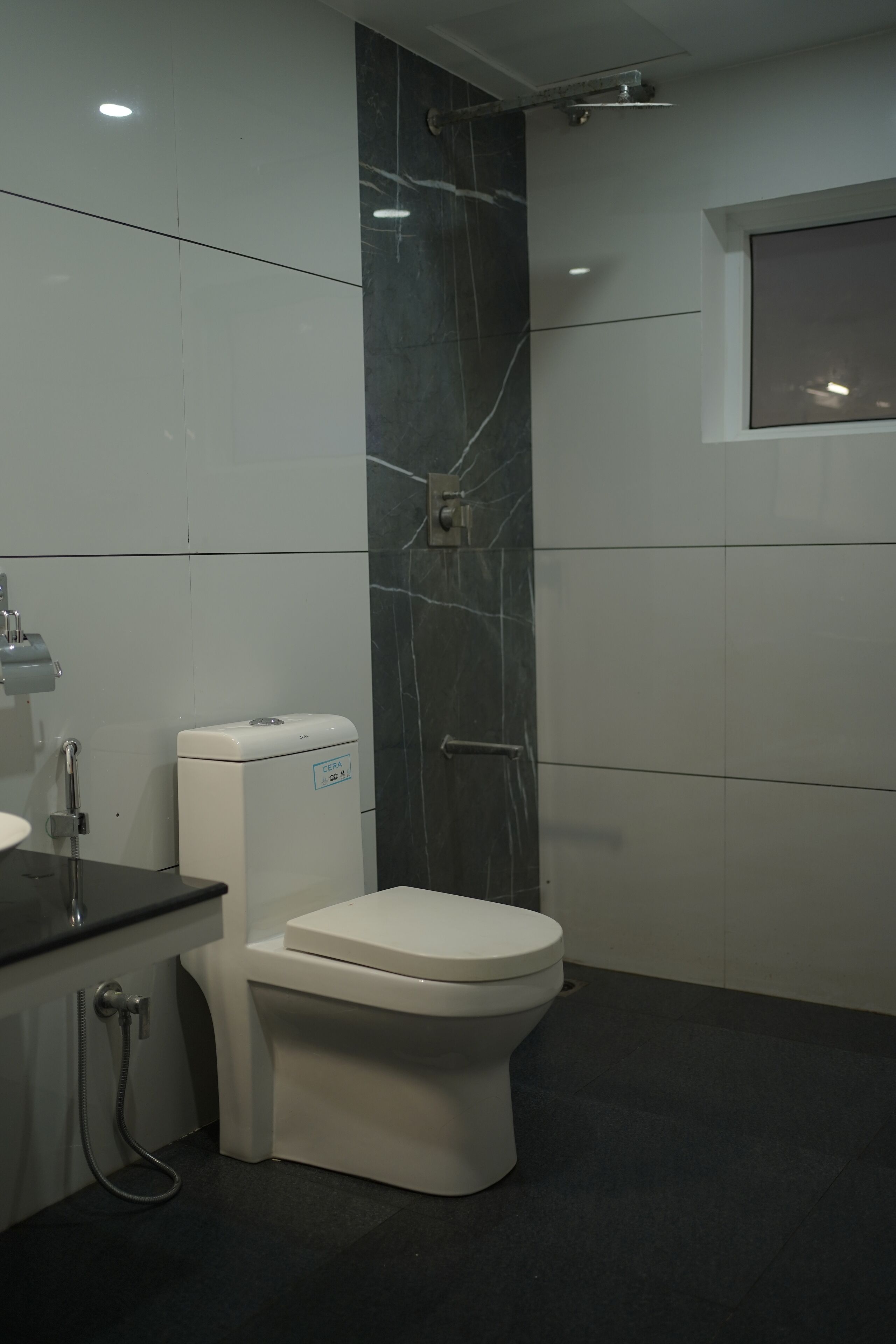 Une salle de bain moderne équipée de toilettes, d’une douche et d’un lavabo.